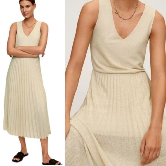 Mango Heathered Cream Color Pleated Sleeveless Midi Dress LARGE - Picture 3 of 17